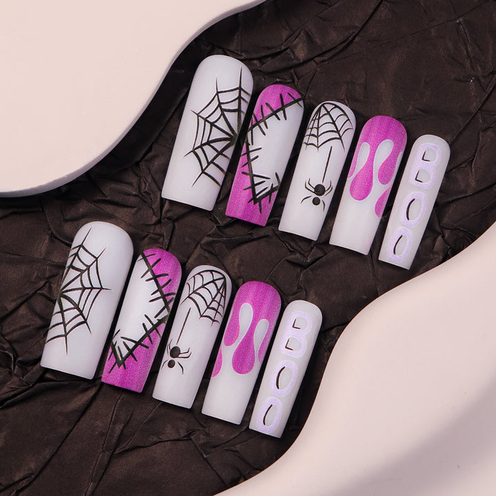 Halloween-Themed Long Press-On Nails with Spider and Drip Design Bowlift