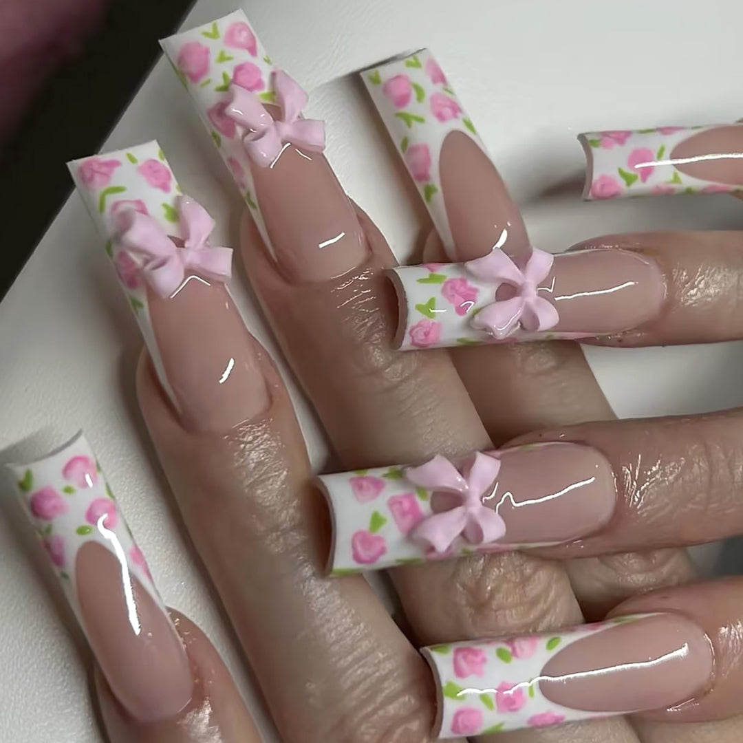 Floral Bow-Design Long Press-On Nails Bowlift