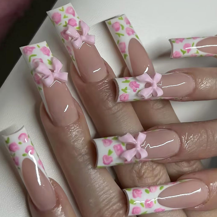 Floral Bow-Design Long Press-On Nails Bowlift