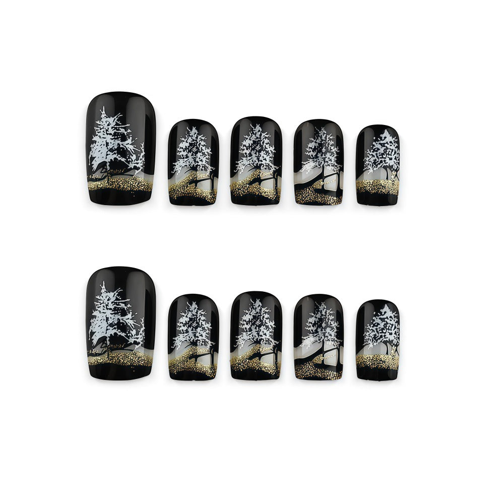 Artificial nails with romantic winter forest pattern Bowlift