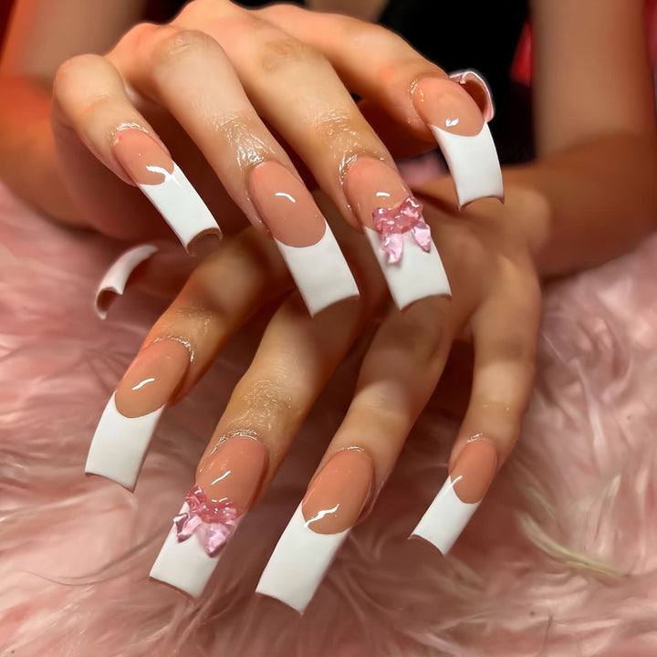 Elegant Bow-Embellished Acrylic Press-On Nails Bowlift