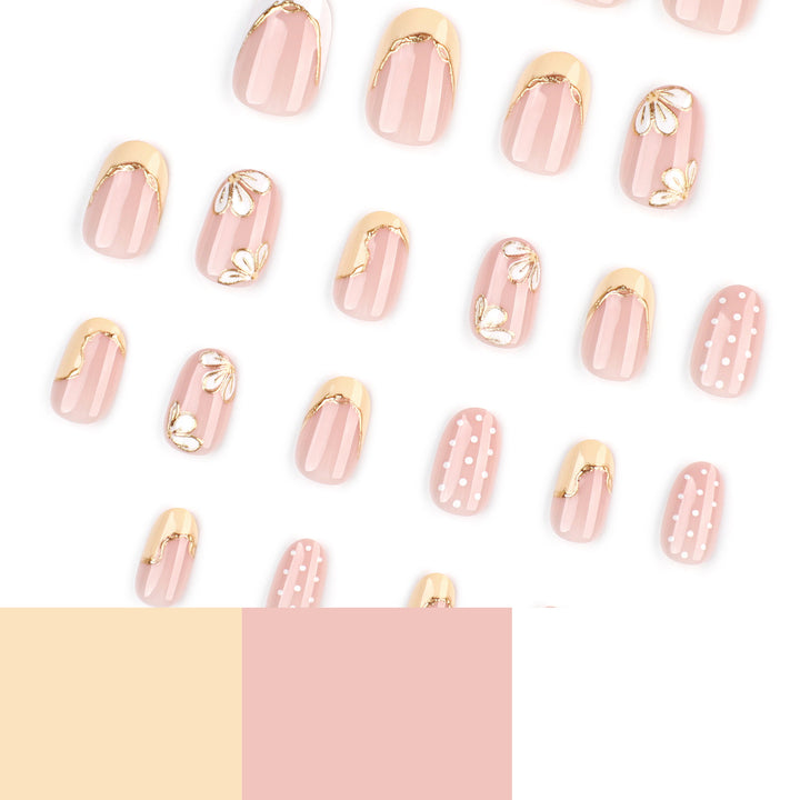 Artful Nail Extensions with Floral Design and Elegant Gold Accents Bowlift