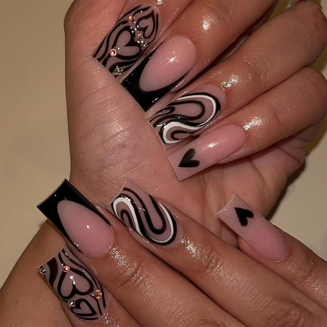 Artful Nail Extensions with Creative Heart and Wave Pattern Bowlift
