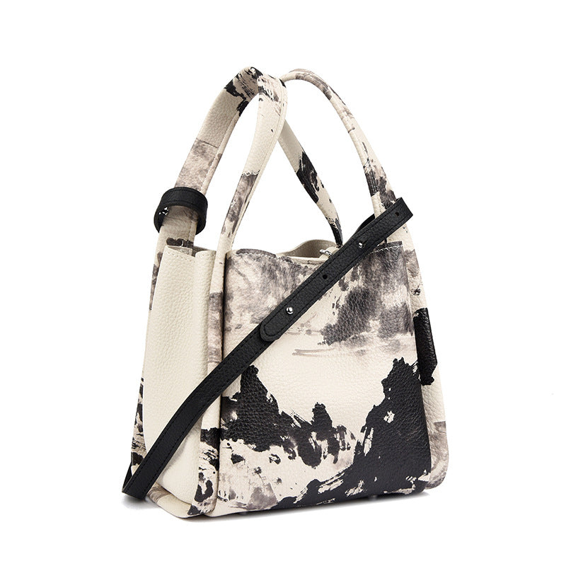 Artistic Print Leather Handbag Bowlift