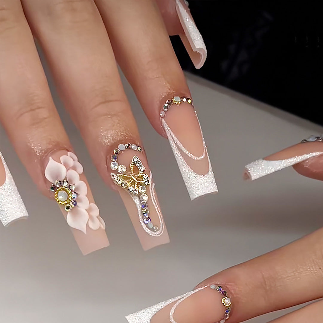 Decorative Floral and Gem-Embellished Press-On Nails Bowlift