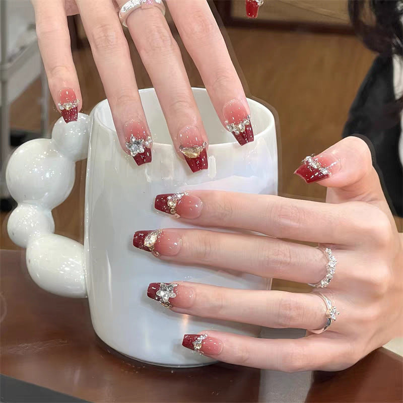 Elegant Press-On Nail Set with Gemstone Accents Bowlift