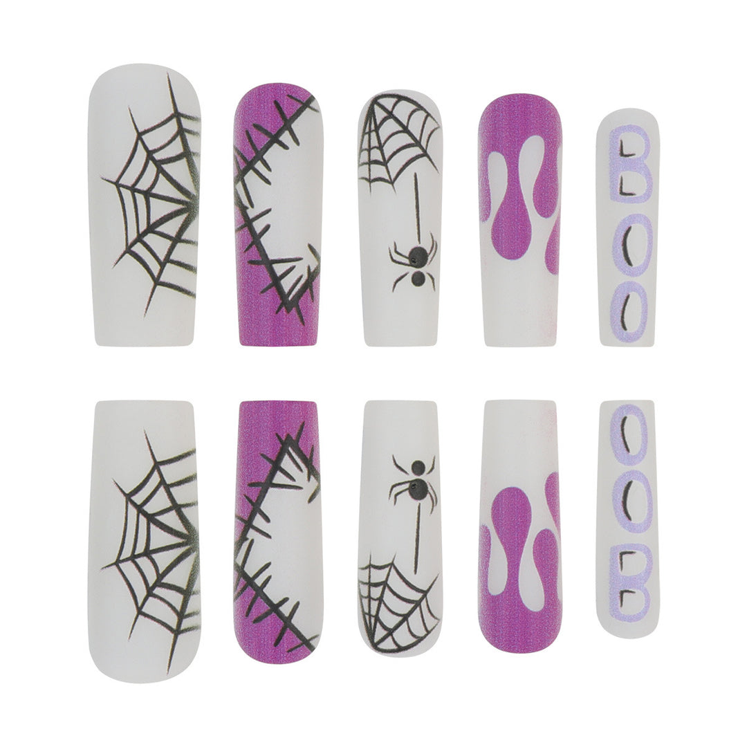 Halloween-Themed Long Press-On Nails with Spider and Drip Design Bowlift