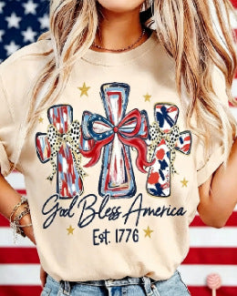 Women's nan patriotic graphic cotton tee with cross ribbon print Bowlift