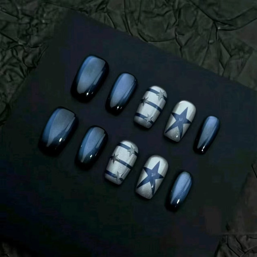Elegant Press-On Nail Art Set with Starry Designs Bowlift