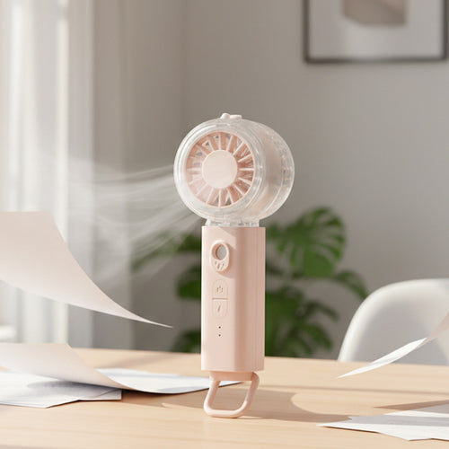 Cooling portable rechargeable handheld misting fan with foldable loop and adjustable multi-speed control Bowlift