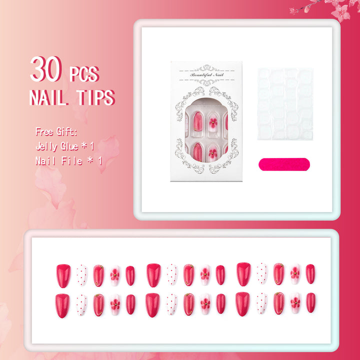 Artistic Press-On Nail Set with Floral and Dot Designs