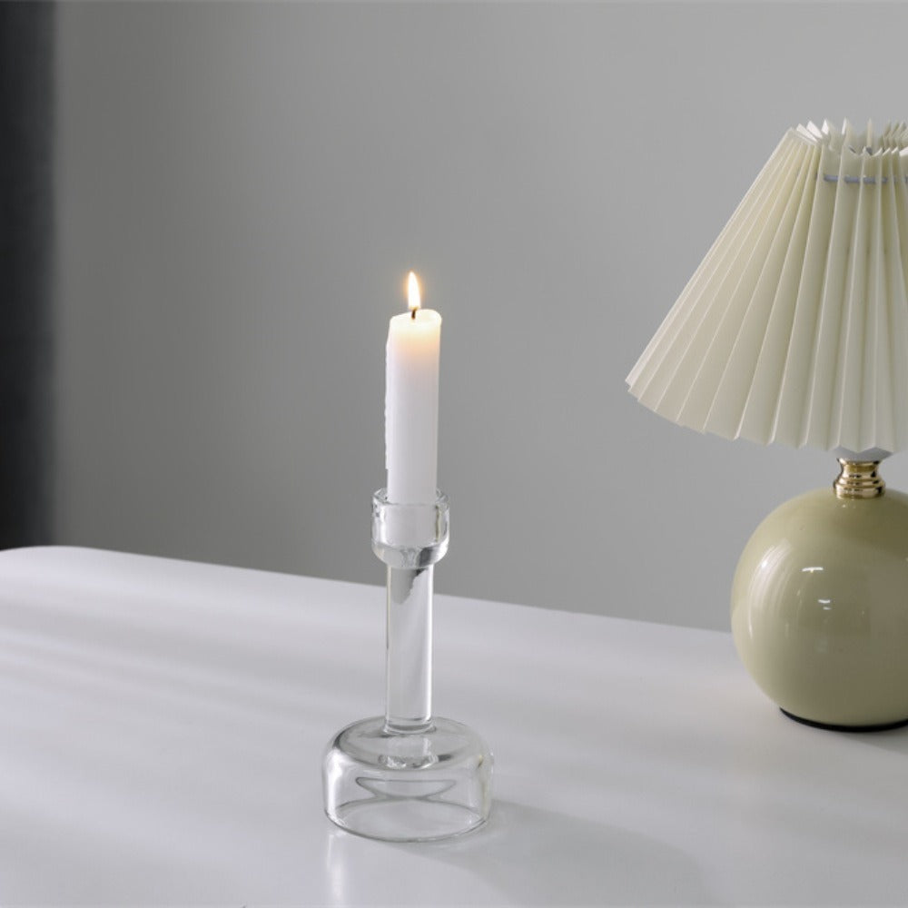 Minimalist Clear Glass Taper Candle Holder Pair with Weighted Base Bowlift
