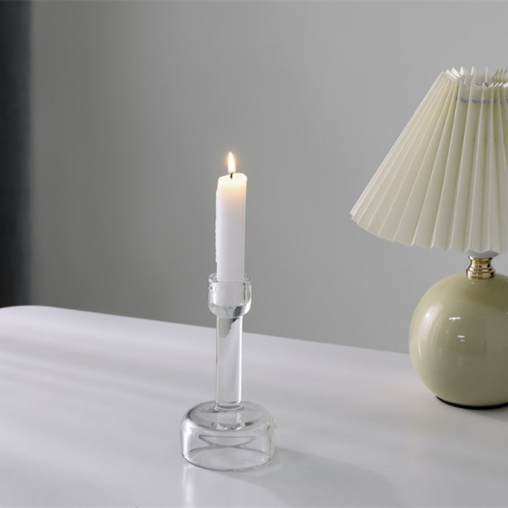 Minimalist Clear Glass Taper Candle Holder Pair with Weighted Base Bowlift