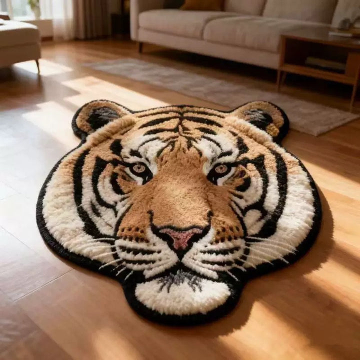 Luxurious faux fur tiger head area rug with non-slip backing Bowlift