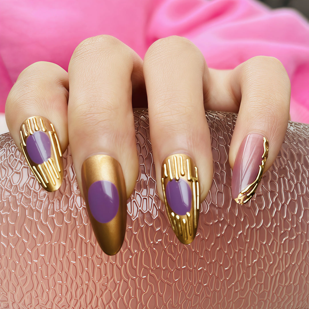 Artistic Press-On Nail Set with Gold and Purple Accents Bowlift
