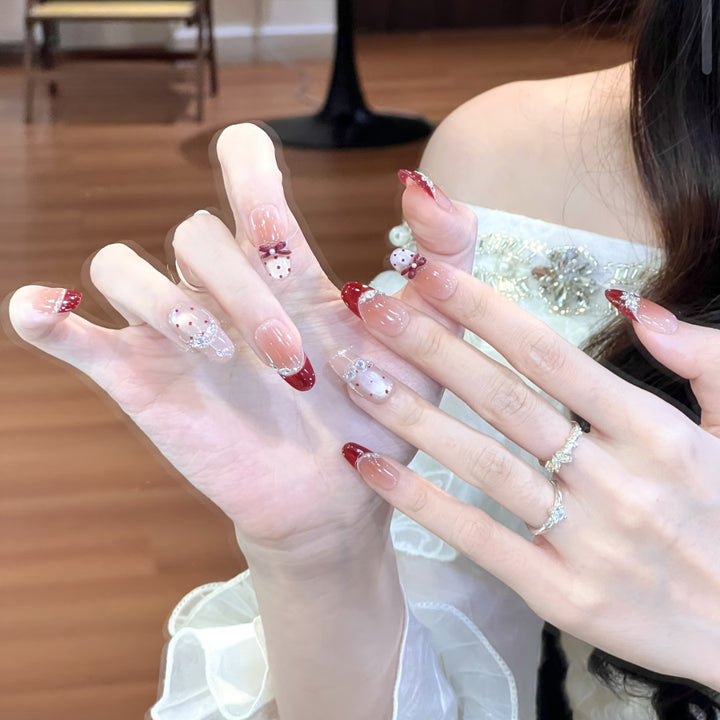 Elegant Press-On Nail Art with Artistic French Tip Design Bowlift