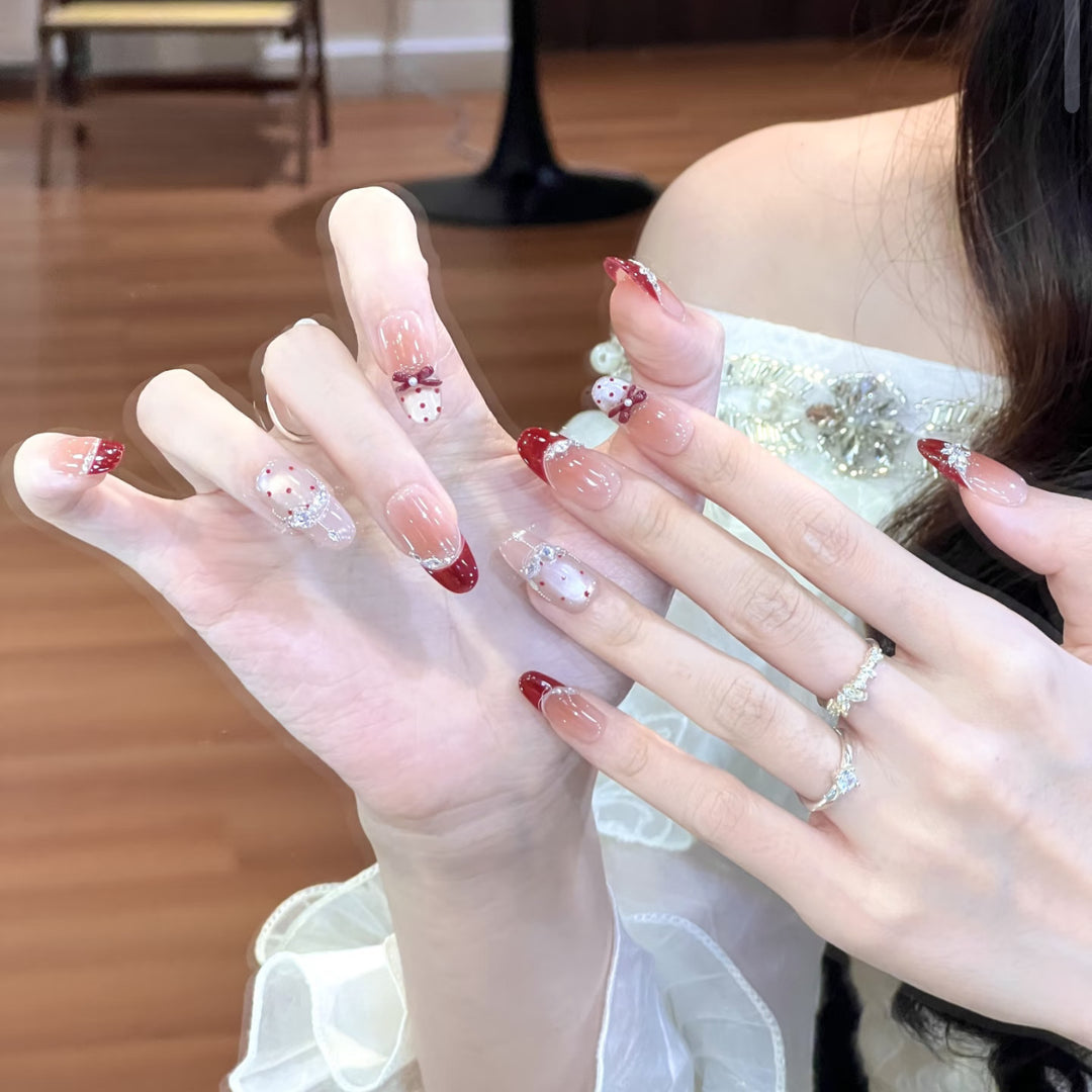 Elegant Press-On Nail Set with Heart and Bow Designs Bowlift