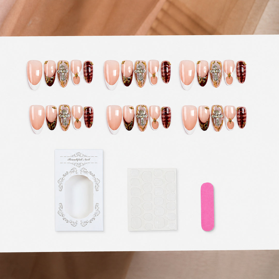 Premium Decorative Press-On Nail Art Set with Gold Accents Bowlift