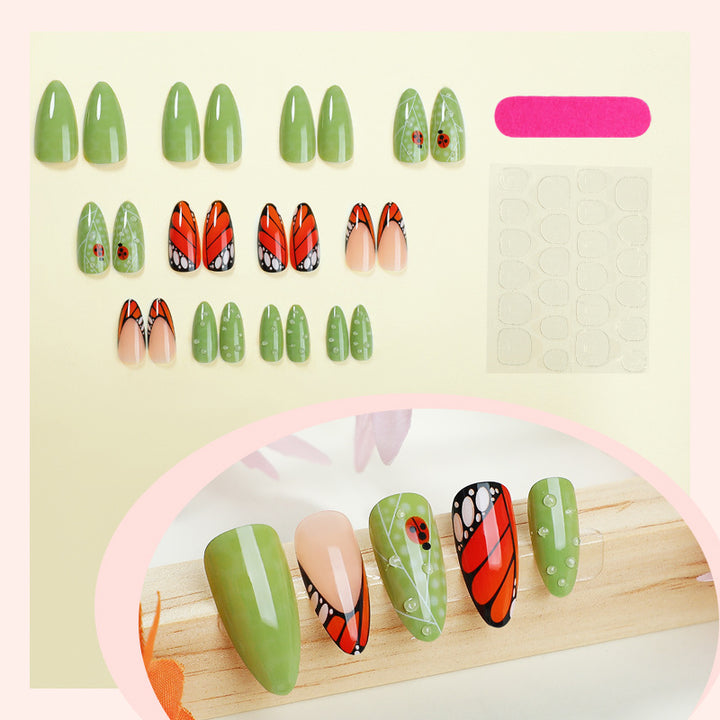 Artistic Press-On Nail Set with Butterfly and Floral Designs Bowlift