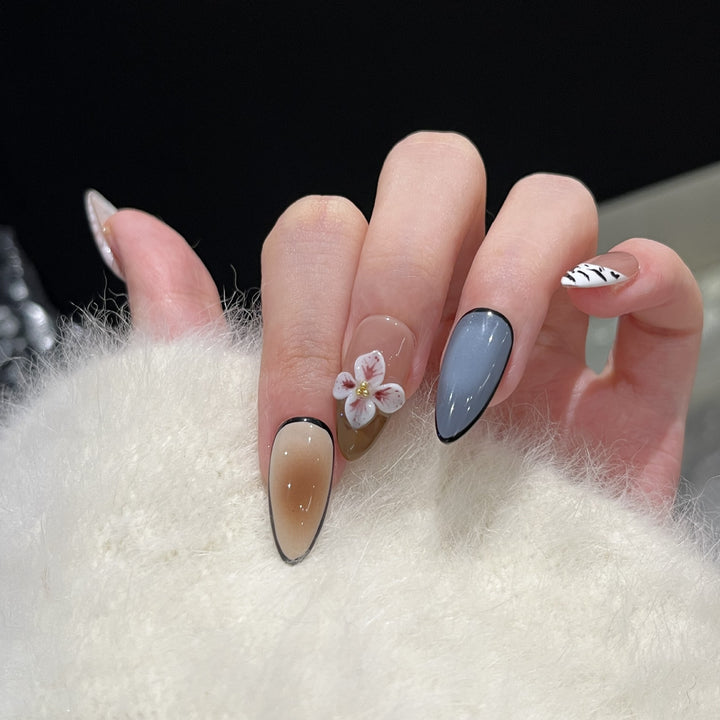 Artistic Stiletto Press-On Nail Set with Floral Accent Bowlift