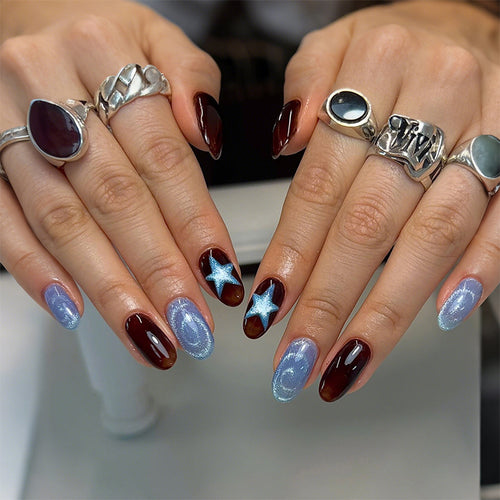 Decorative Press-On Nail Set with Star and Glossy Finish Bowlift