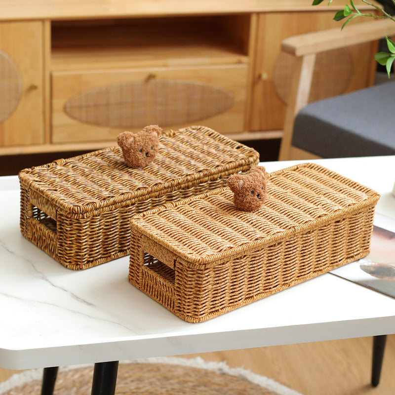 Decorative Woven Storage Box with Cute Bear Lid Bowlift