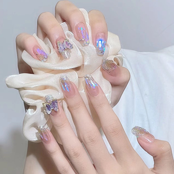 Acrylic Nail Set with Glitter and 3D Butterfly Decorations Bowlift
