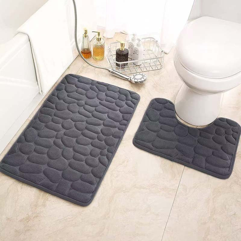Pebble-Texture Memory Foam Bath Mat Set with U-Shaped Toilet Contour and Rectangular Non-Slip Rug Bowlift