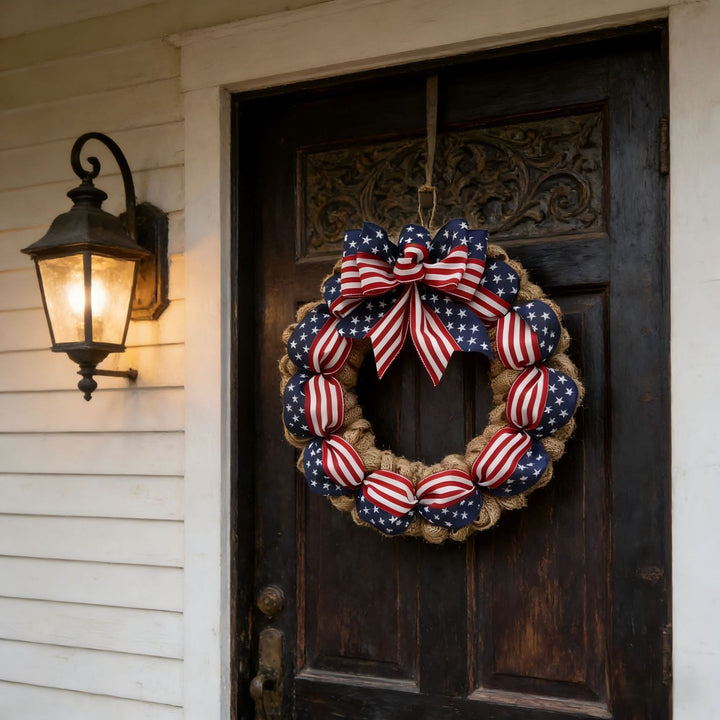 Unisex nan rustic jute door wreath with patriotic star and stripe ribbon and voluminous bow Bowlift