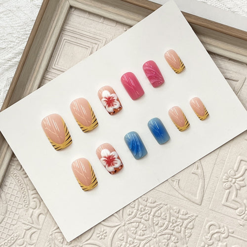Artistic Press-On Nail Set with Floral and Wave Designs Bowlift