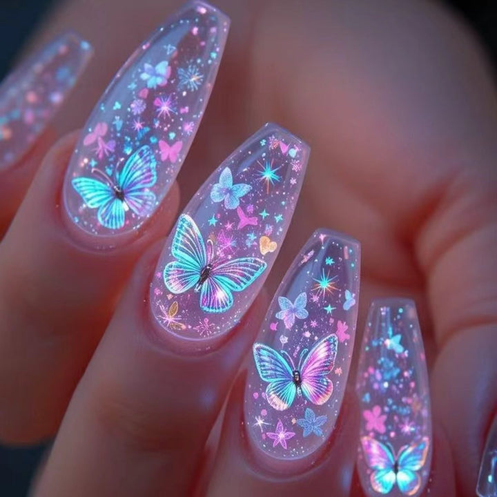 Creative press-on nails with shimmering butterfly design Bowlift