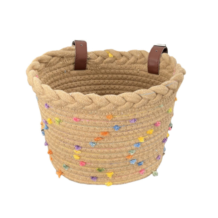 braided rope bike basket with pom pom embellishments and leather handlebar straps Bowlift