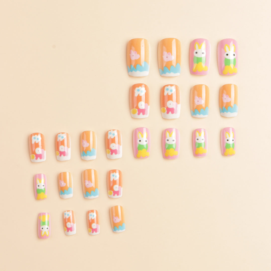Artistic Seasonal Bunny-Themed Press-On Nail Art Bowlift