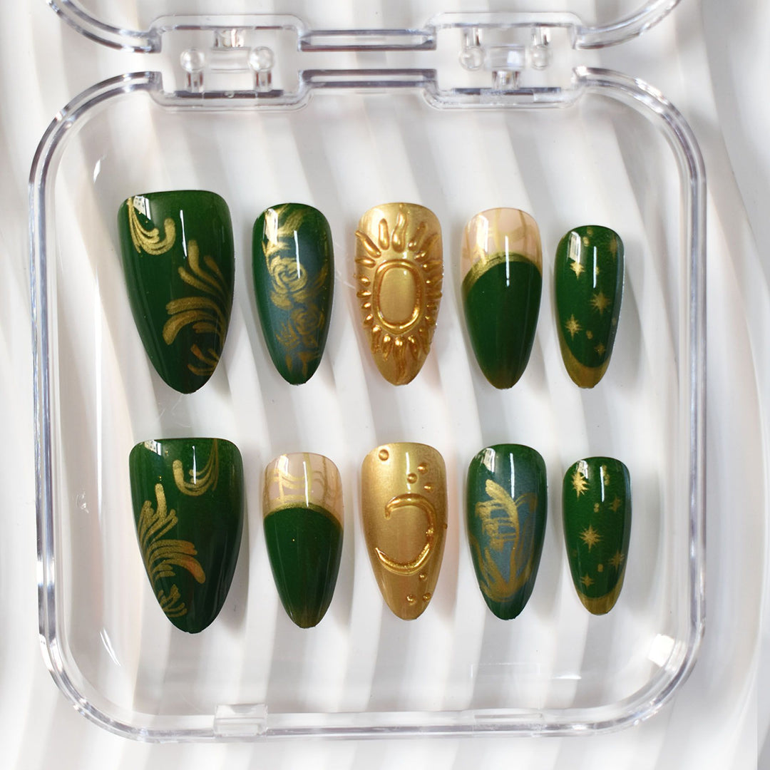 Artistic Press-On Nail Art Set with Celestial and Floral Designs Bowlift