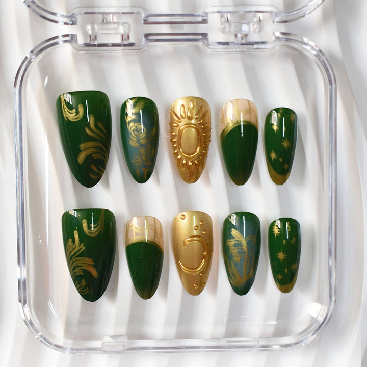Artistic Press-On Nail Art Set with Celestial and Floral Designs Bowlift