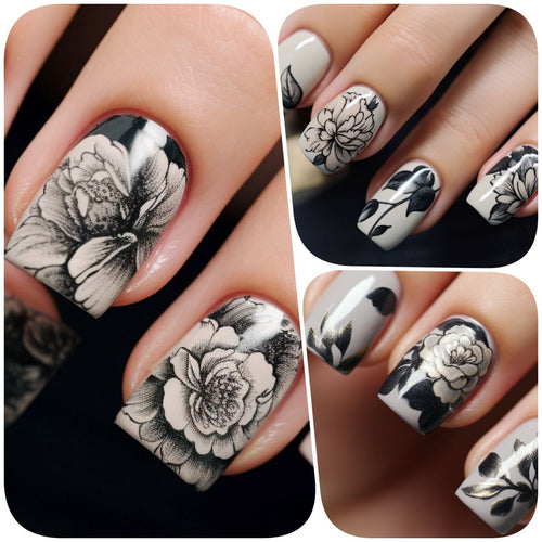 Artificial nails with floral black-and-white design Bowlift