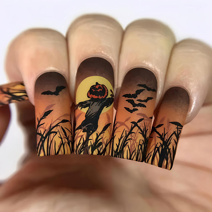 Halloween Artificial Nails with Creepy Pumpkin and Bat Design Bowlift