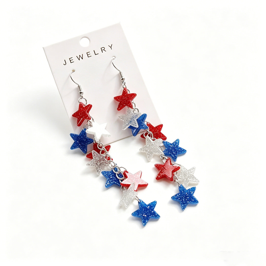 Women's long statement earrings with multi-layered star pendants and fishhook clasp Bowlift