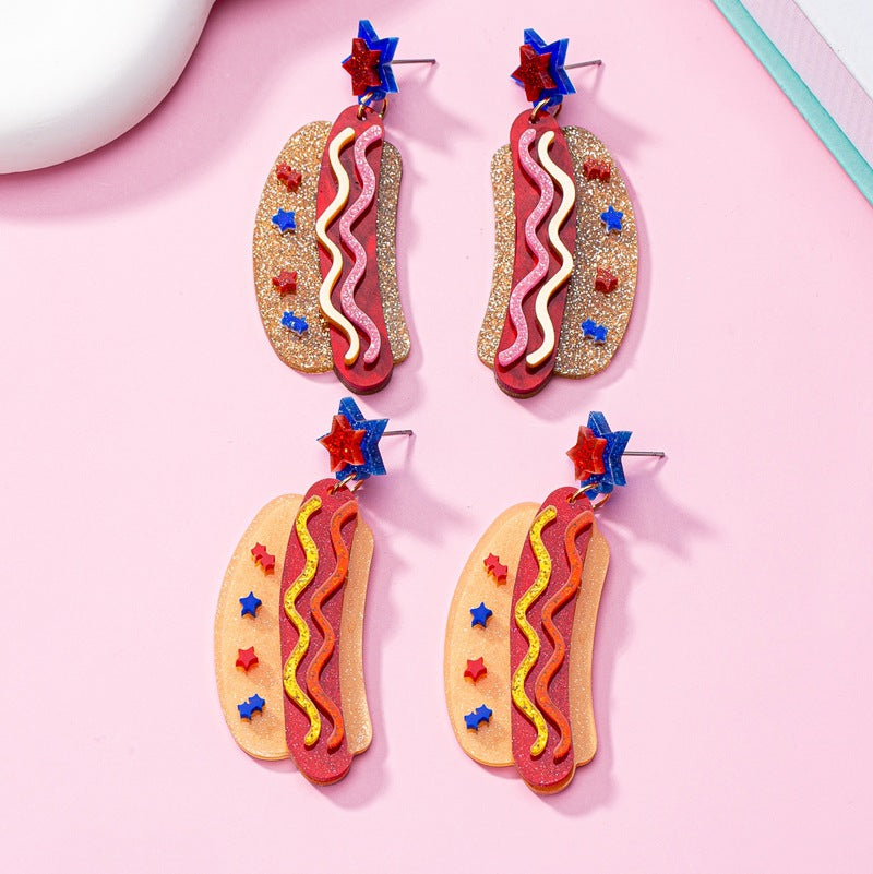 Women's nan novelty glitter hot dog dangle earrings with star stud Bowlift