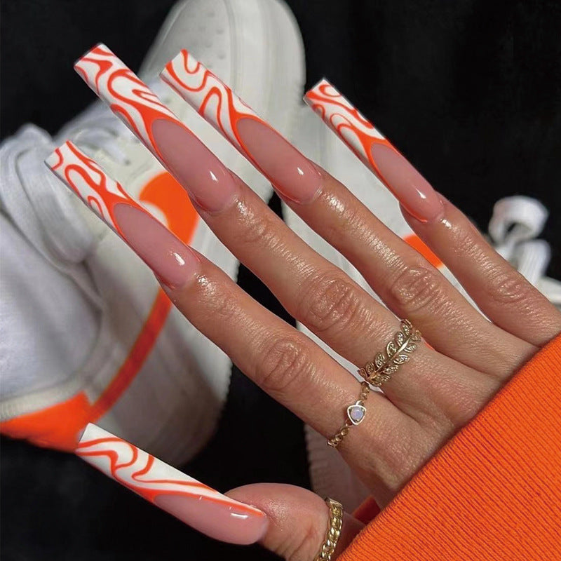 Artistic Nail Extensions with Modern Wave Pattern Bowlift