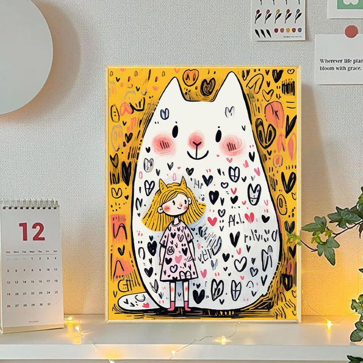 Playful Cat and Girl Illustration Canvas Art Bowlift