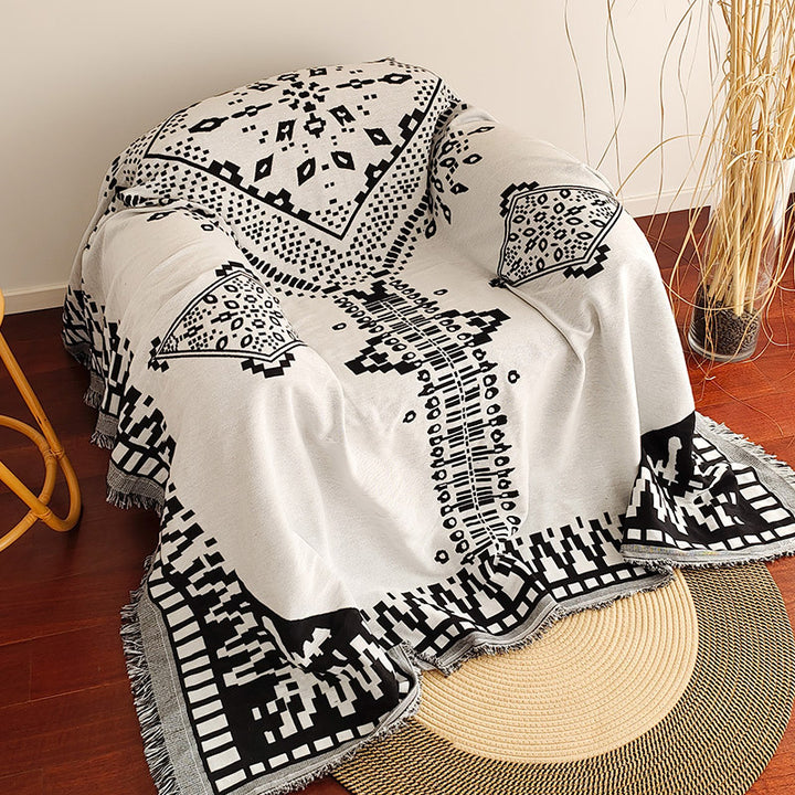 Waffle Weave Cotton-Linen Fringe Sofa Throw Blanket Bowlift