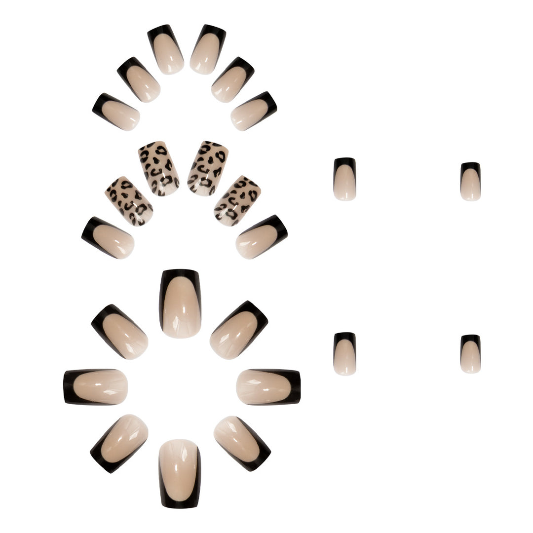 Artificial nail set with elegant leopard motif and black French design Bowlift