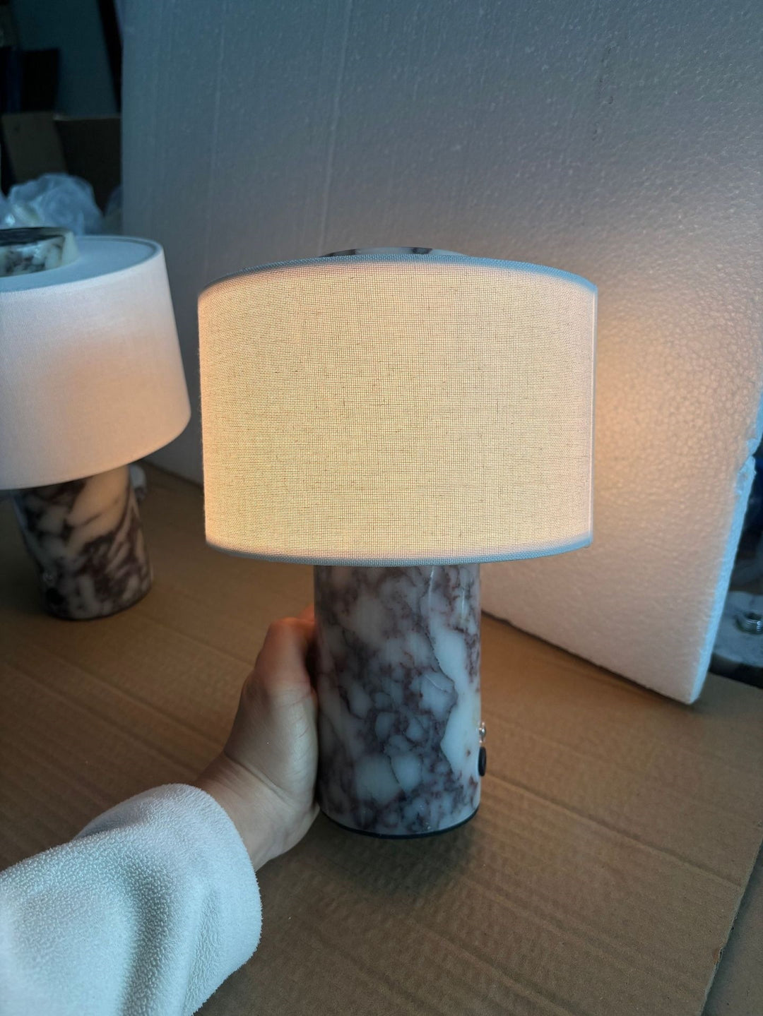 Sculpted natural stone table lamp with fabric drum shade and dimmer Bowlift