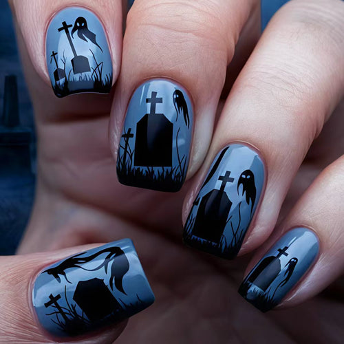 Creative Halloween Art Nails with Haunting Tombstone Design Bowlift