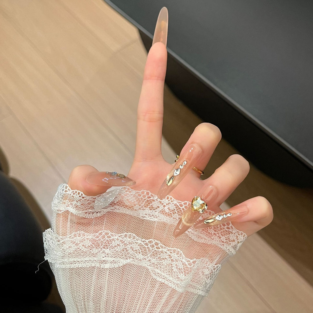 Elegant Rhinestone-Embellished Long Press-On Nail Extensions Bowlift