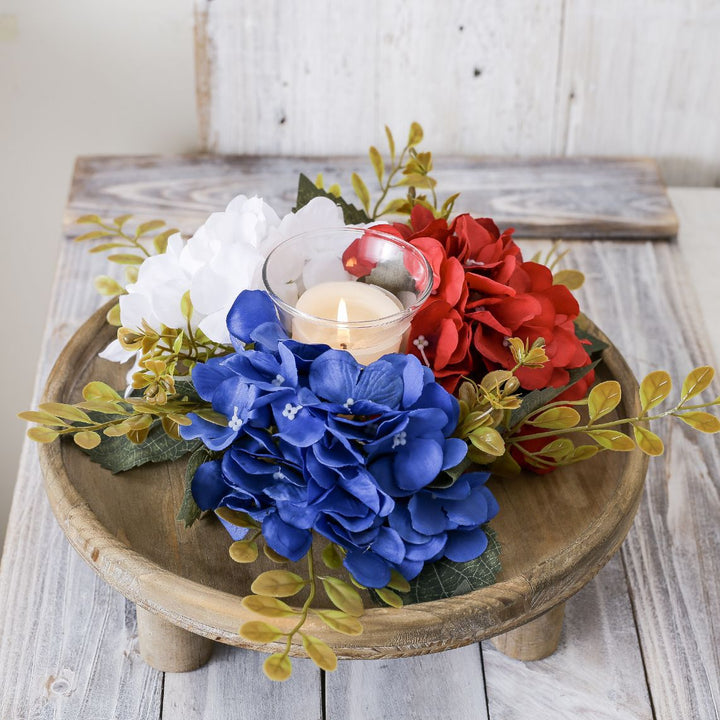 Unisex decorative candle plate with glass candle holder and artificial hydrangeas in country house style Bowlift