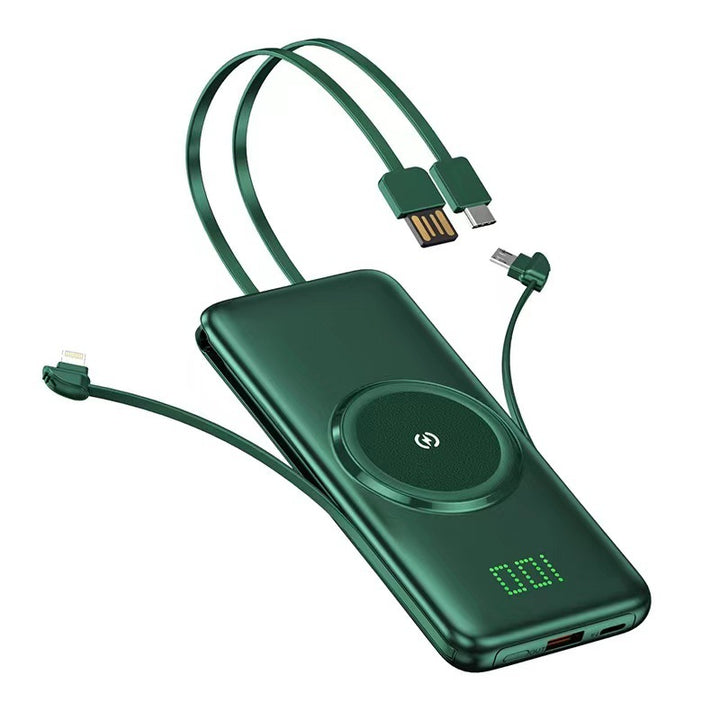 Portable power bank with wireless charging function and integrated charging cable Bowlift