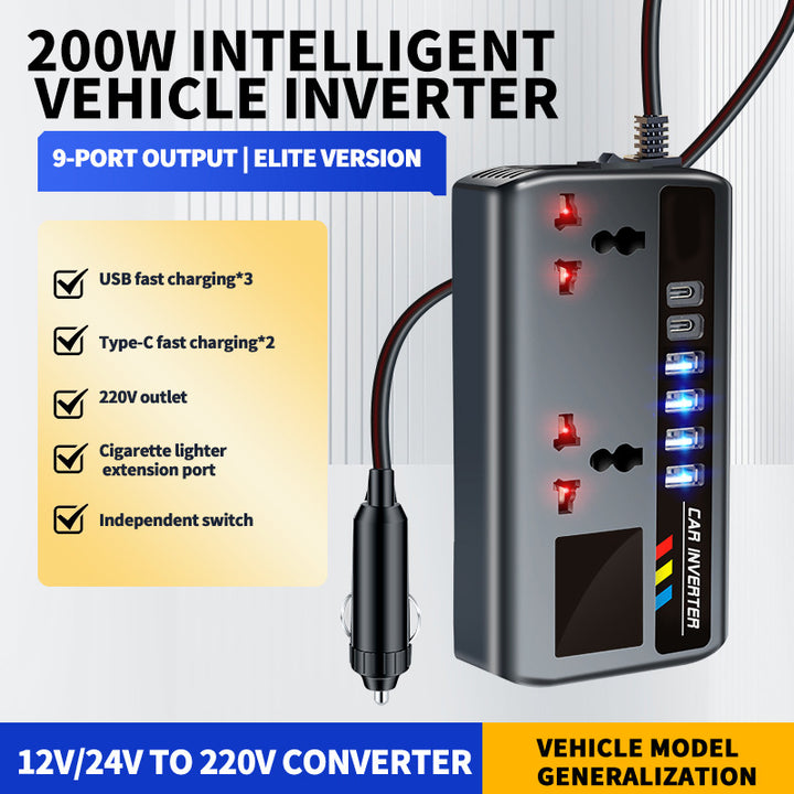 High-Power Vehicle Power Inverter with Multiple USB and USB-C Fast-Charging Ports and AC Outlet Cigarette Lighter Extension Bowlift