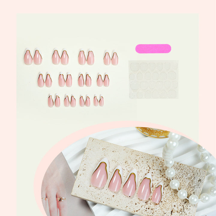 Artificial nail set with elegant French design and gold accents Bowlift